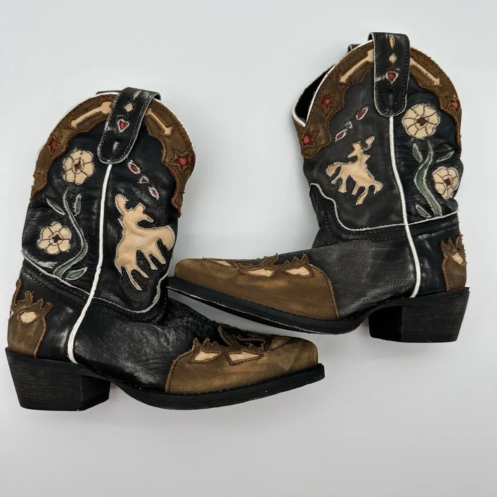 Dan Post Kids 10D Cowboy Boots Leather Bronco Horse Floral Inlay Black DPC2150